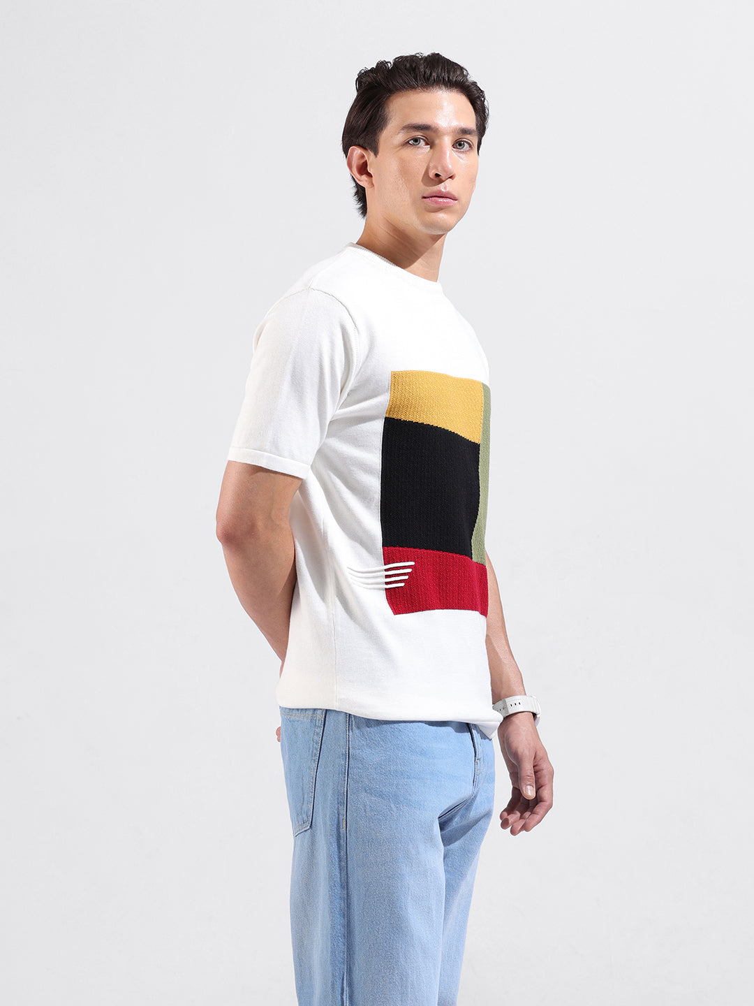 Men's White Slim Fit Textured Flat Knit Polo Collar T-Shirt