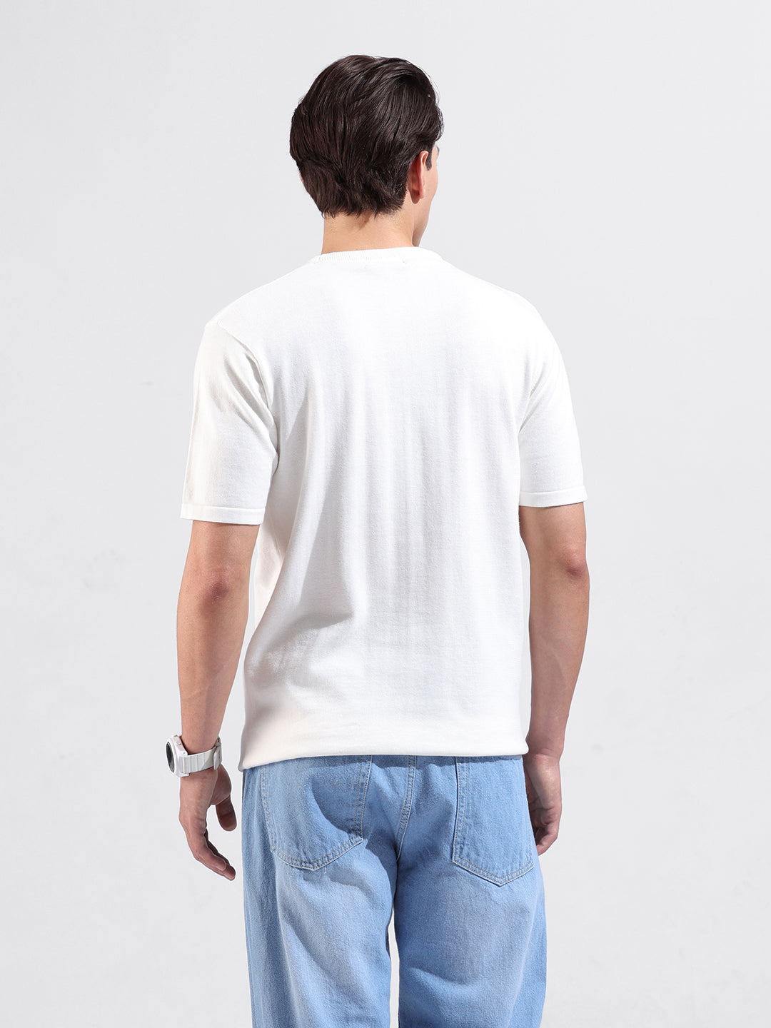Men's White Slim Fit Textured Flat Knit Polo Collar T-Shirt