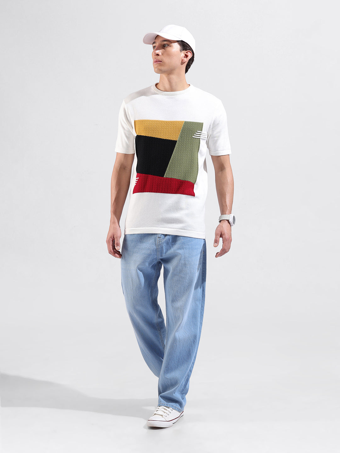 Men's White Slim Fit Textured Flat Knit Polo Collar T-Shirt