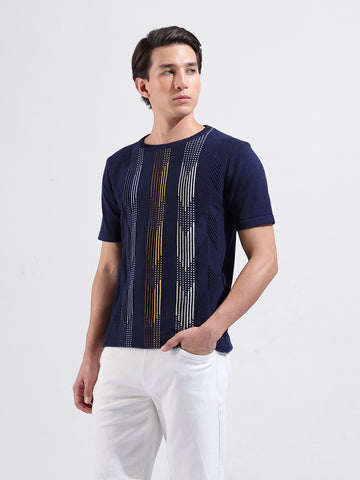 Men's Blue Slim Fit Textured Flat Knit Polo Collar T-Shirt