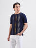 Men's Blue Slim Fit Textured Flat Knit Polo Collar T-Shirt
