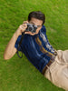 Men's Blue Slim Fit Textured Flat Knit Polo Collar T-Shirt