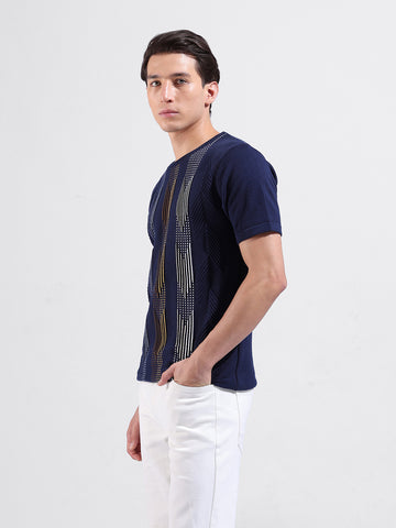 Men's Blue Slim Fit Textured Flat Knit Polo Collar T-Shirt