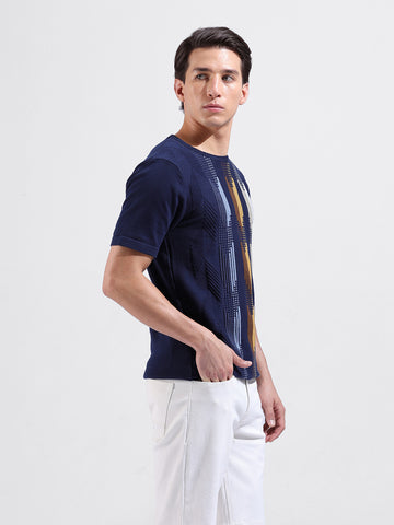 Men's Blue Slim Fit Textured Flat Knit Polo Collar T-Shirt