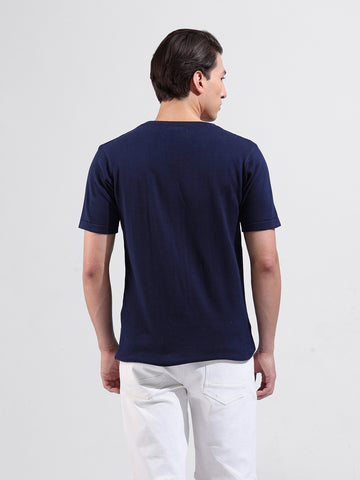 Men's Blue Slim Fit Textured Flat Knit Polo Collar T-Shirt