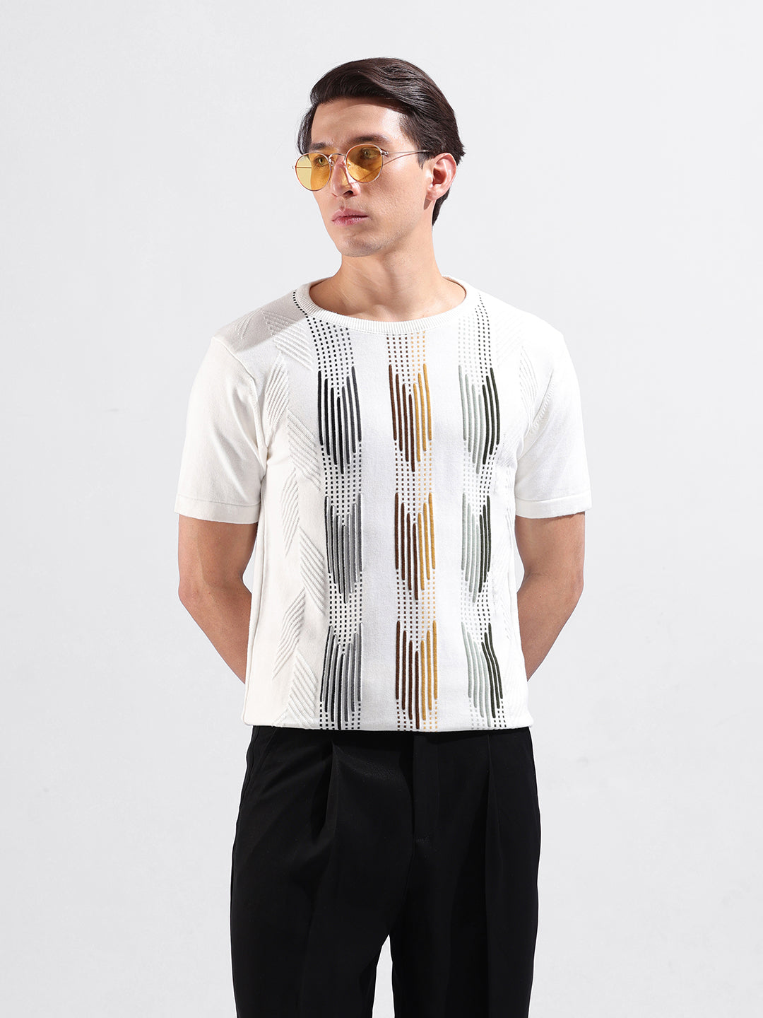Men's Cream Slim Fit Colourblocked Flat Knit Crew Neck T-Shirt