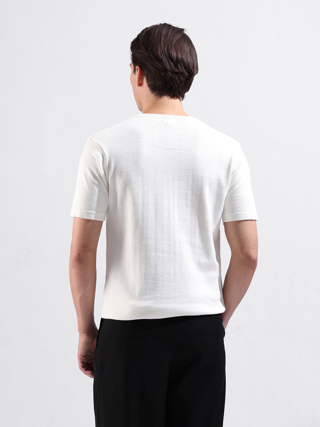 Men's Cream Slim Fit Colourblocked Flat Knit Crew Neck T-Shirt