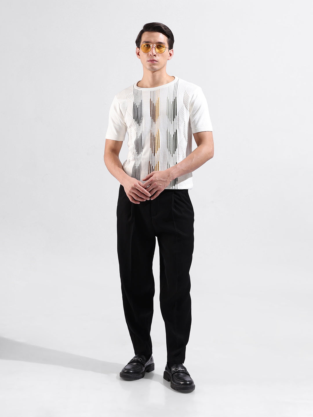 Men's Cream Slim Fit Colourblocked Flat Knit Crew Neck T-Shirt