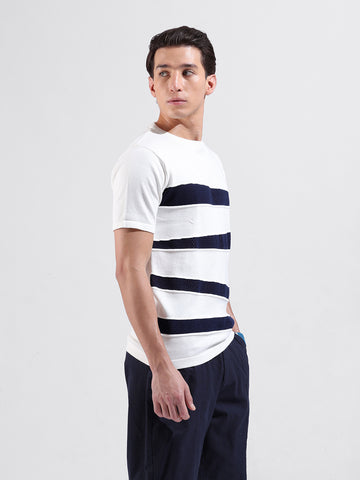 Men's White Slim Fit Colourblocked Flat Knit Polo Collar T-Shirt