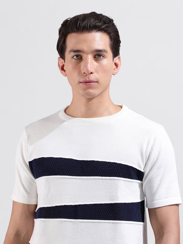 Men's White Slim Fit Colourblocked Flat Knit Polo Collar T-Shirt