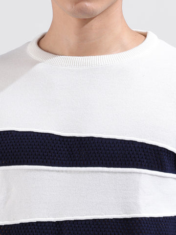 Men's White Slim Fit Colourblocked Flat Knit Polo Collar T-Shirt