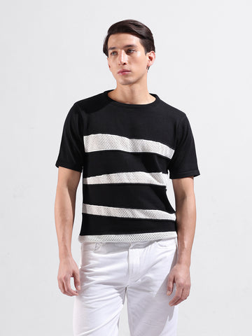 Men's Black Slim Fit Colourblocked Flat Knit Crew Neck T-Shirt