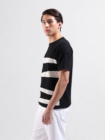 Men's Black Slim Fit Colourblocked Flat Knit Crew Neck T-Shirt