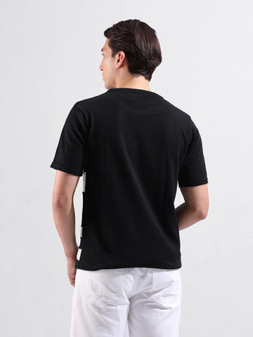 Men's Black Slim Fit Colourblocked Flat Knit Crew Neck T-Shirt
