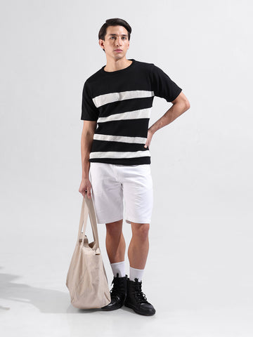 Men's Black Slim Fit Colourblocked Flat Knit Crew Neck T-Shirt