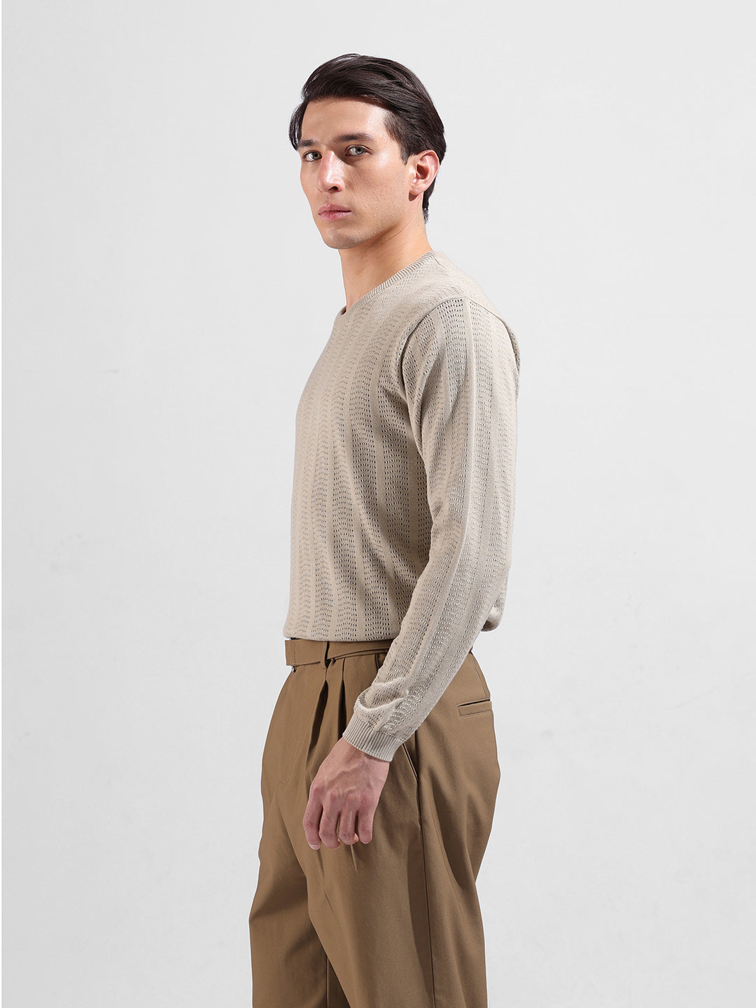 Men's Beige Slim Fit Striped Flat Knit Crew Neck T-Shirt