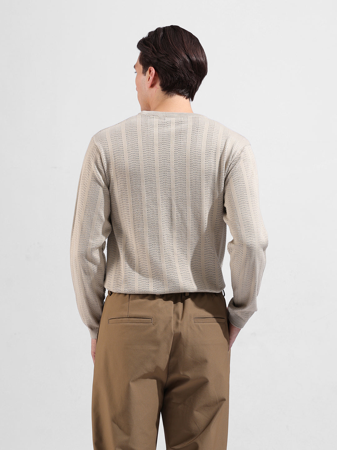 Men's Beige Slim Fit Striped Flat Knit Crew Neck T-Shirt