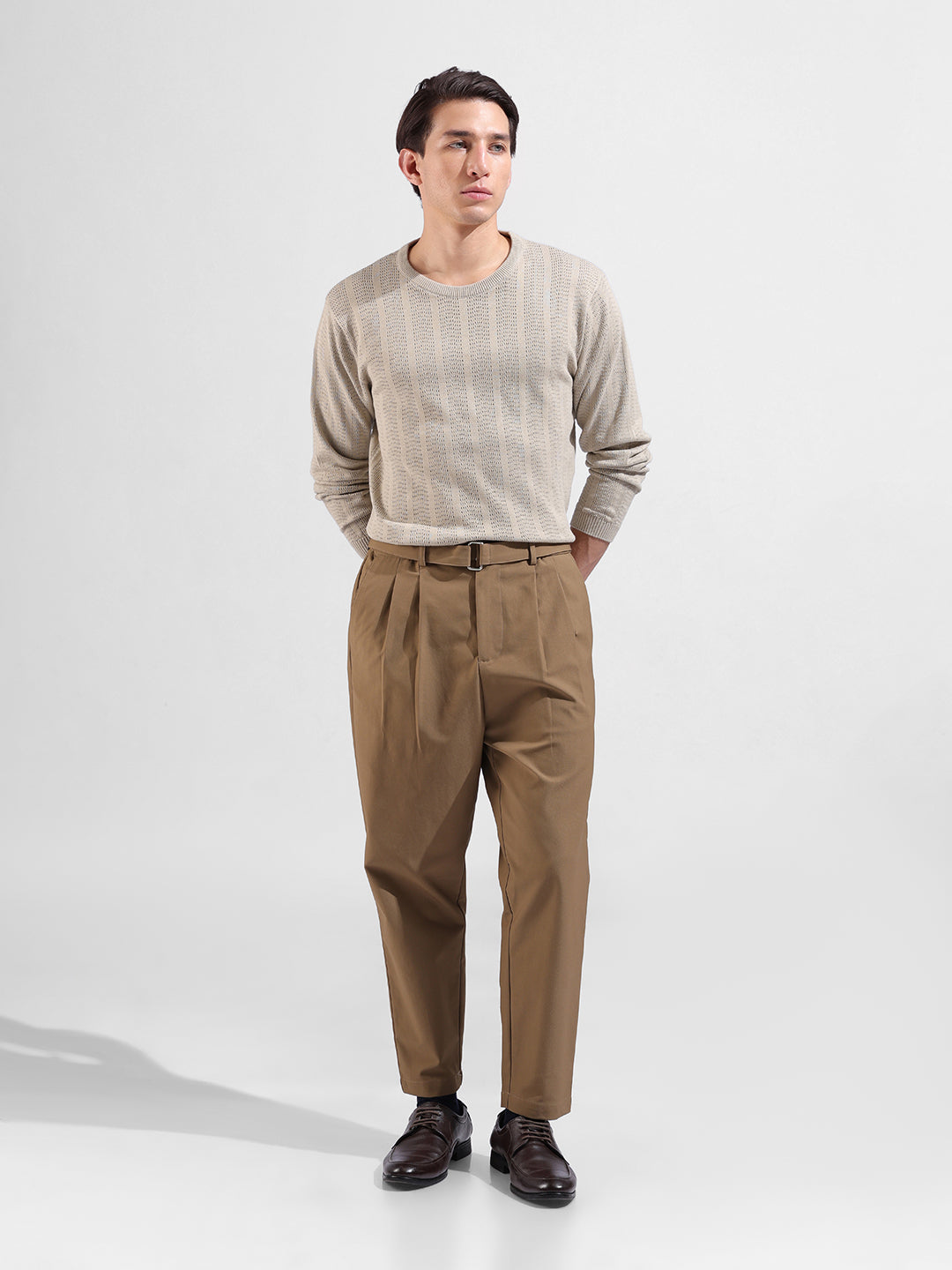 Men's Beige Slim Fit Striped Flat Knit Crew Neck T-Shirt