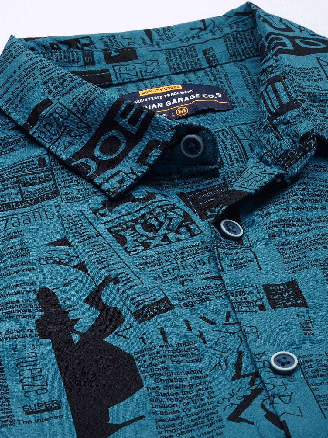 Shop The Indian Garage Co Men Teal Blur & Black Comfort Newspaper Printed Cotton Shirt Online.