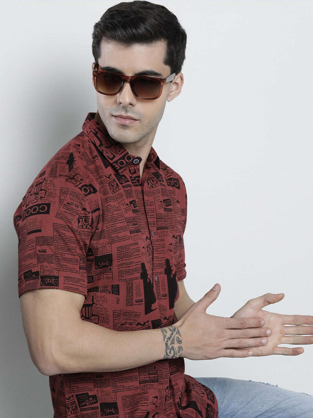 Shop The Indian Garage Co Men Rust Red & Black Comfort Printed Cotton Shirt Online.