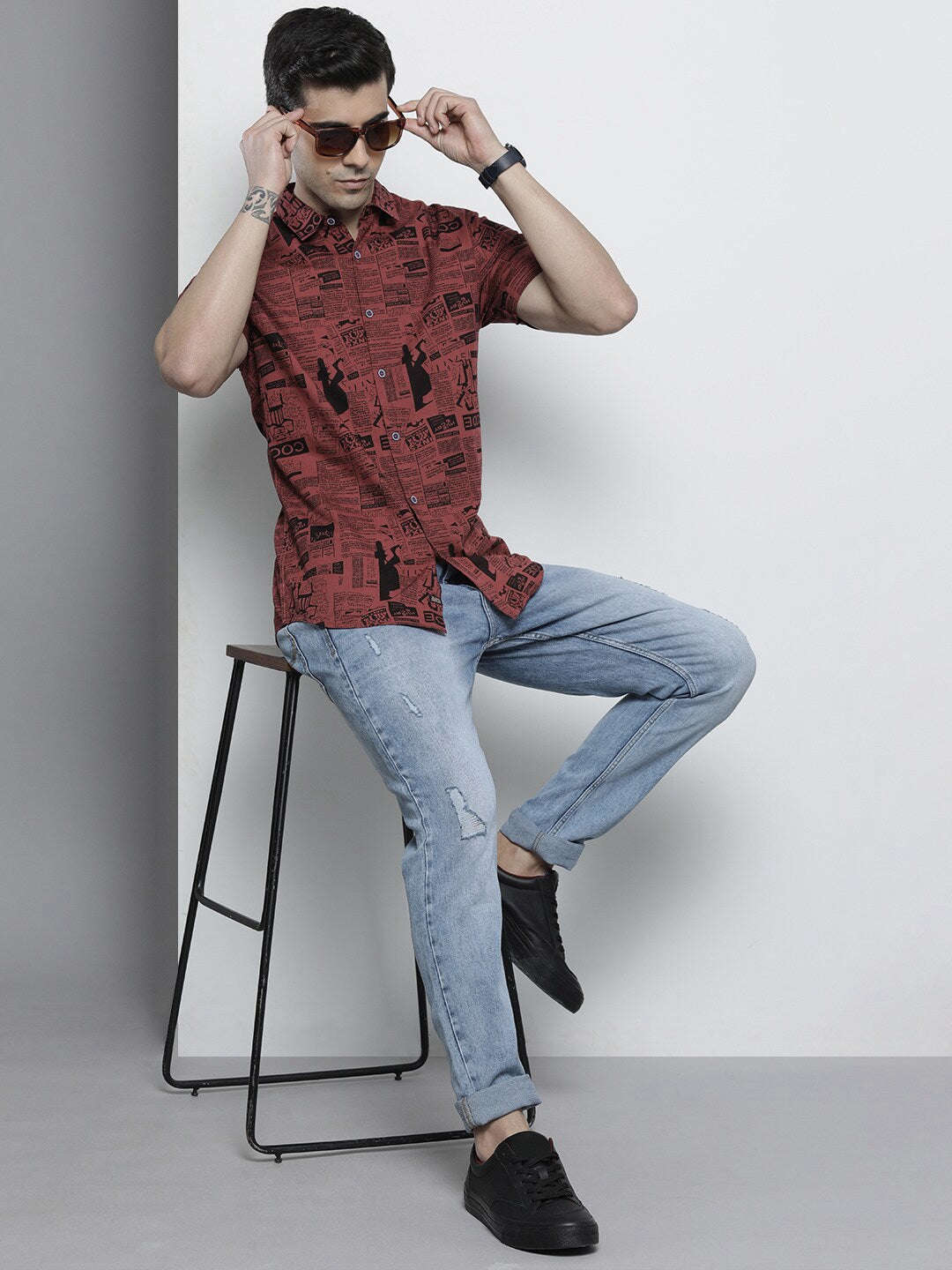 Shop The Indian Garage Co Men Rust Red & Black Comfort Printed Cotton Shirt Online.