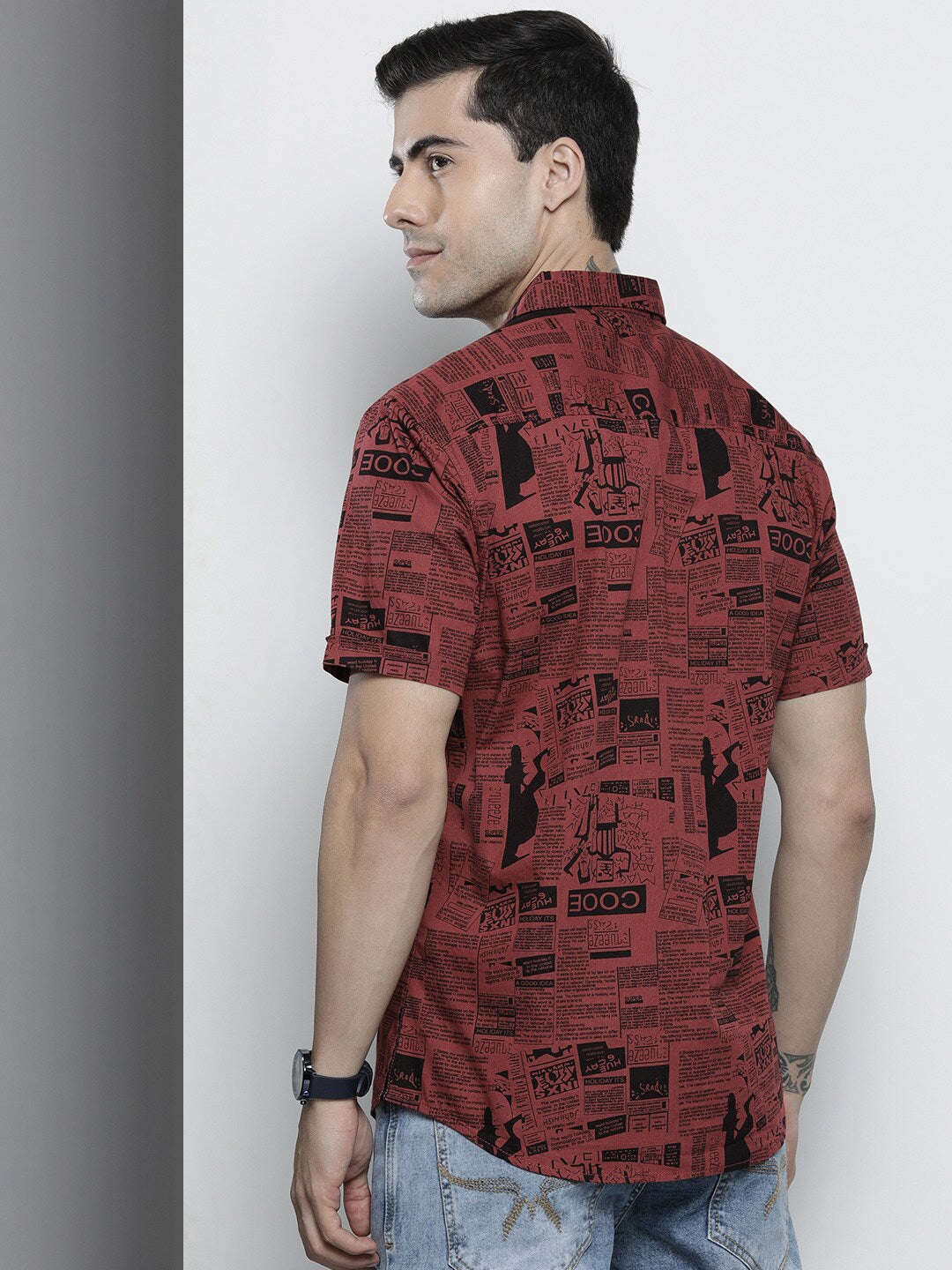 Shop The Indian Garage Co Men Rust Red & Black Comfort Printed Cotton Shirt Online.