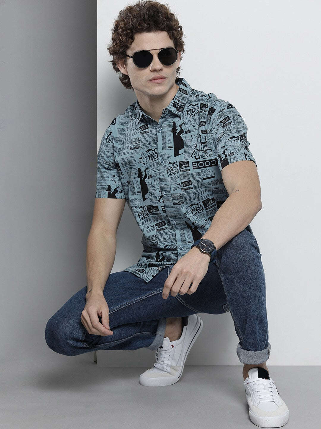 Shop The Indian Garage Co Men Teal Blue & Black Comfort Newspaper Printed Cotton Shirt Online.