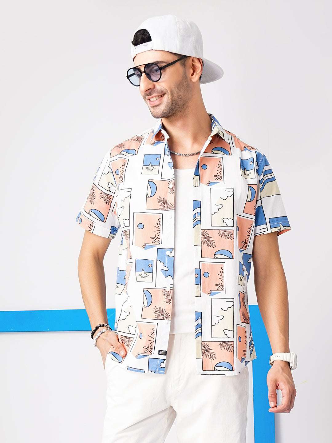 Shop The Indian Garage Co Men White Printed Cotton Casual Shirt Online.