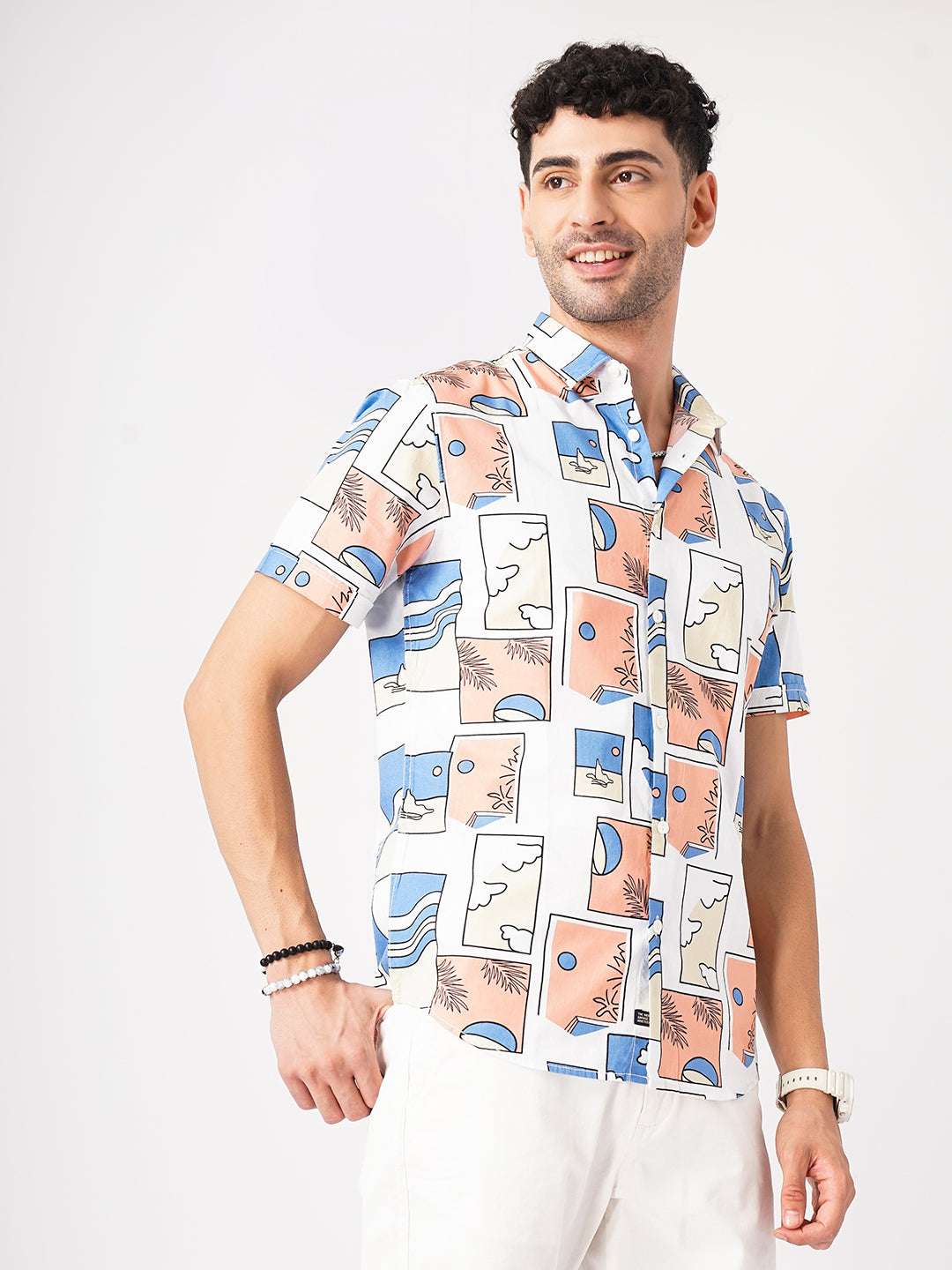 Shop The Indian Garage Co Men White Printed Cotton Casual Shirt Online.