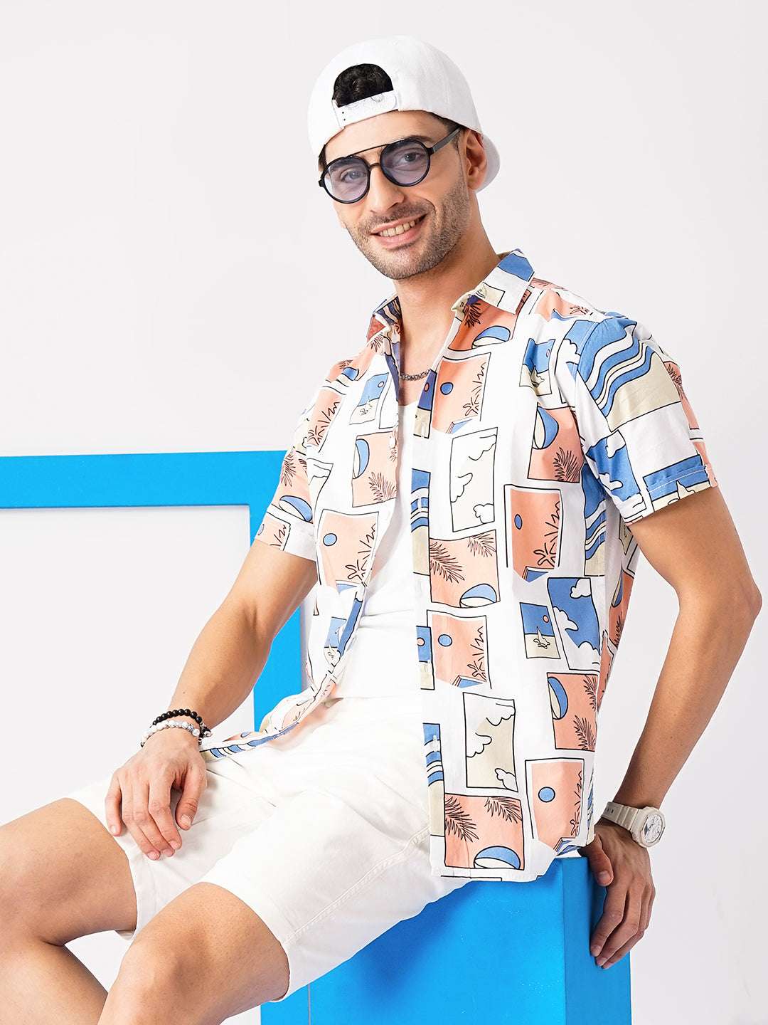 Shop The Indian Garage Co Men White Printed Cotton Casual Shirt Online.