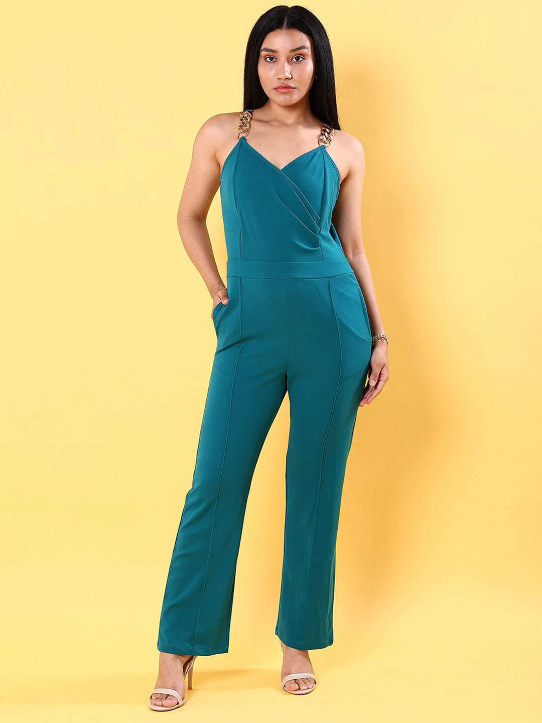 Shop Women Front Pleated Flare Jumpsuit Online.