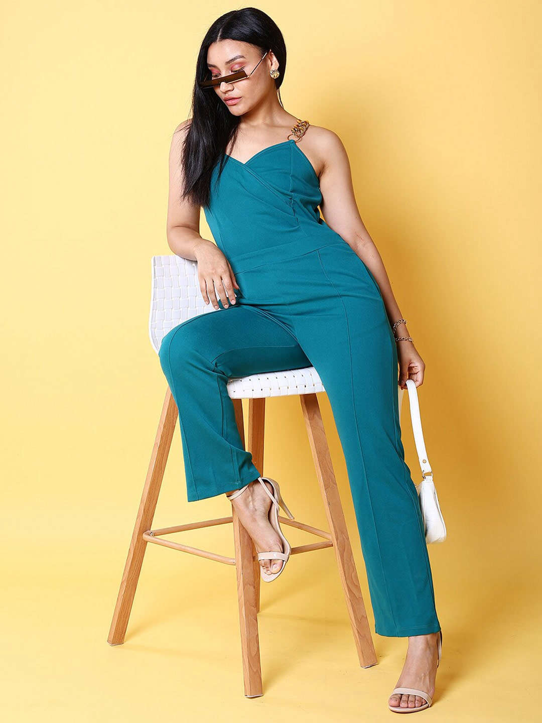 Shop Women Front Pleated Flare Jumpsuit Online.