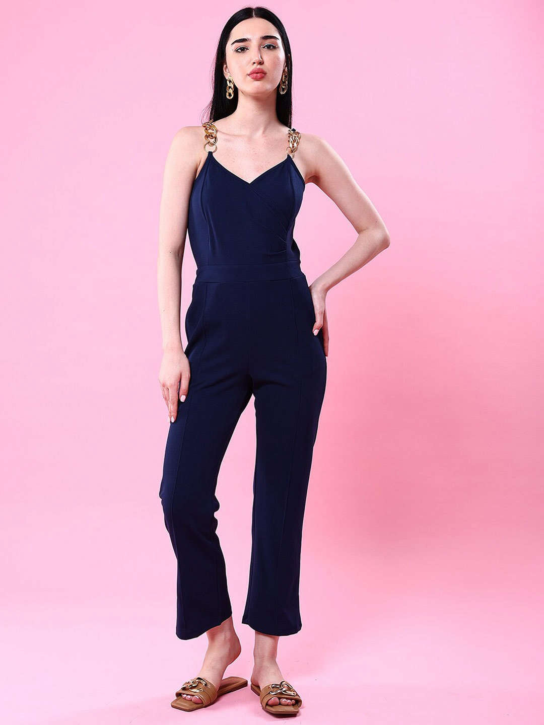 Shop Women Front Pleated Flare Jumpsuit Online.