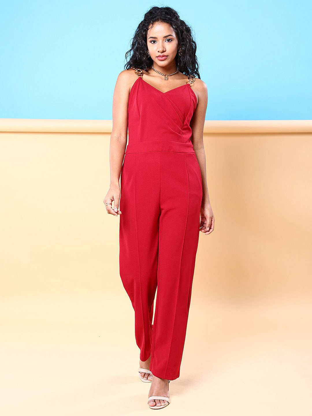 Shop Women Front Pleated Flare Jumpsuit Online.