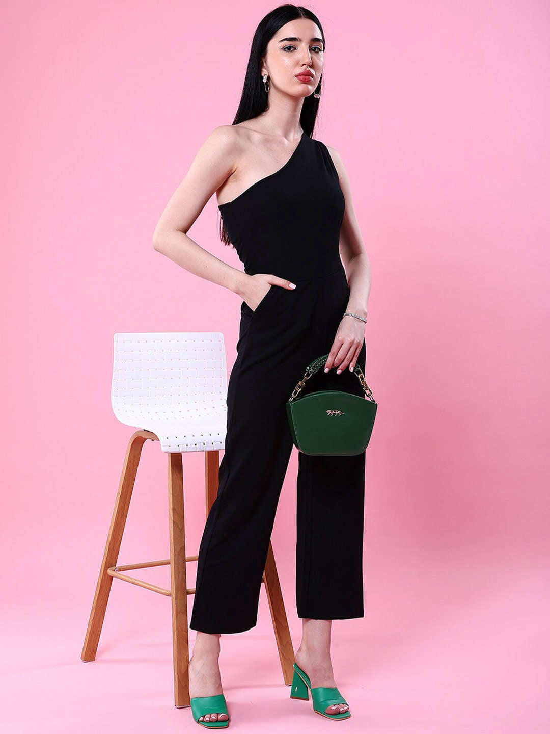 Shop Women Fitted One Shoulder Flare Jumpsuit Online.