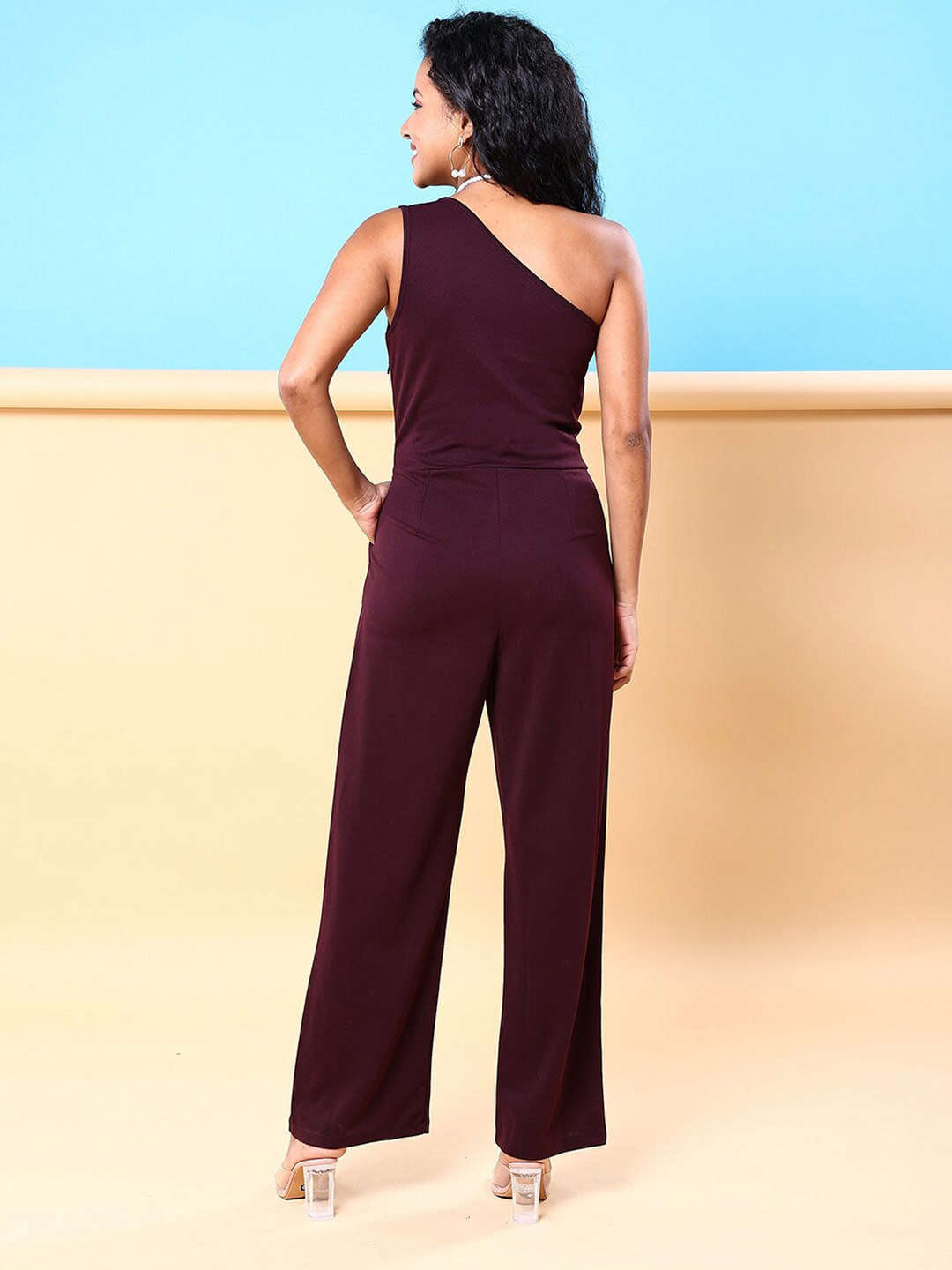 Shop Women Fitted One Shoulder Flare Jumpsuit Online.