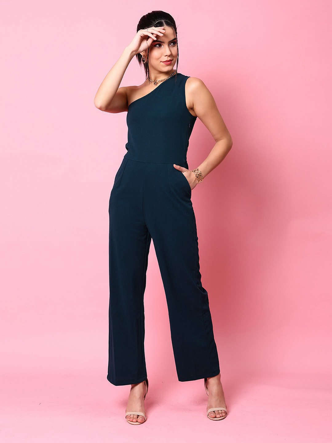 Shop Women Fitted One Shoulder Flare Jumpsuit Online.