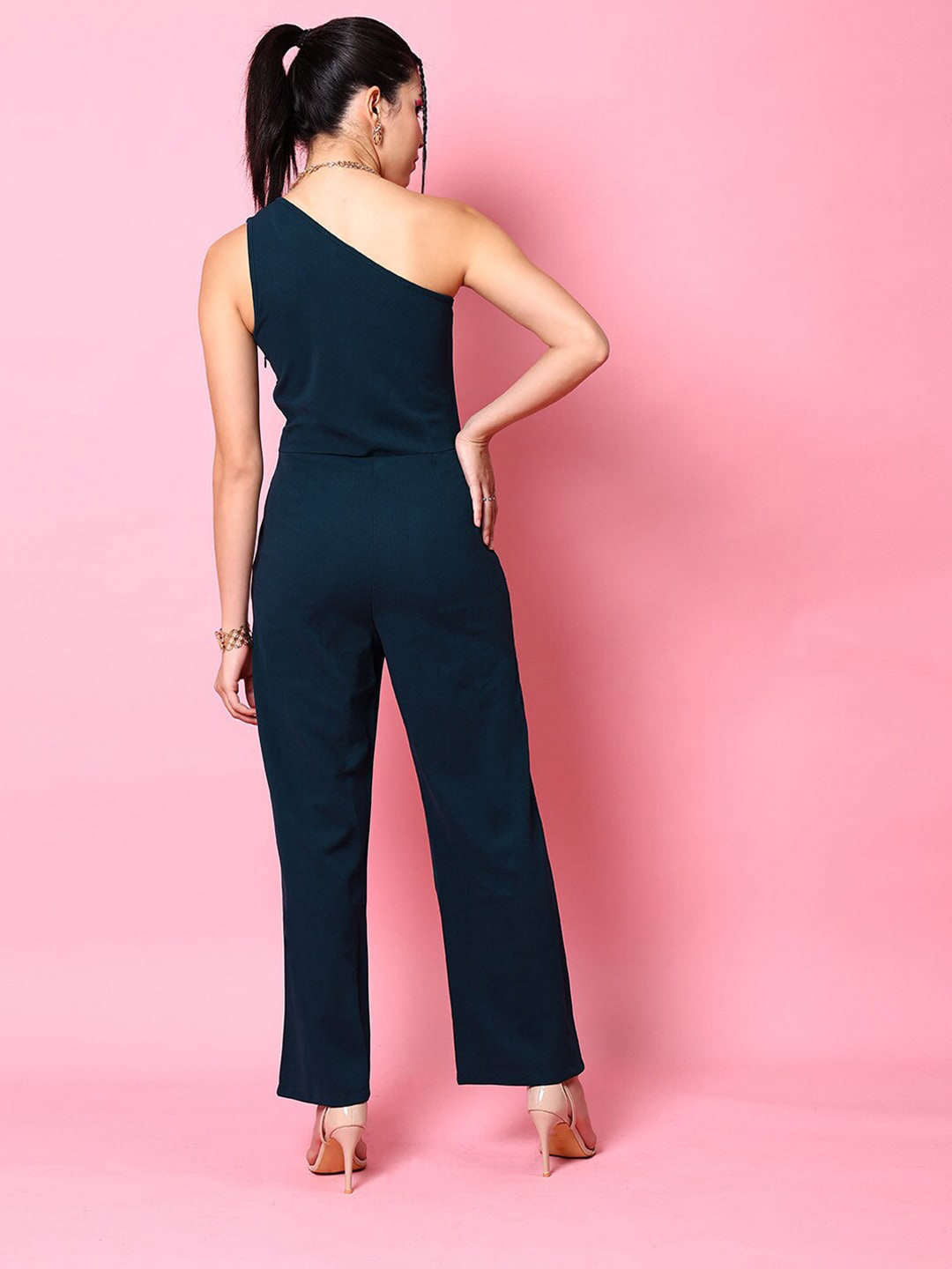 Shop Women Fitted One Shoulder Flare Jumpsuit Online.