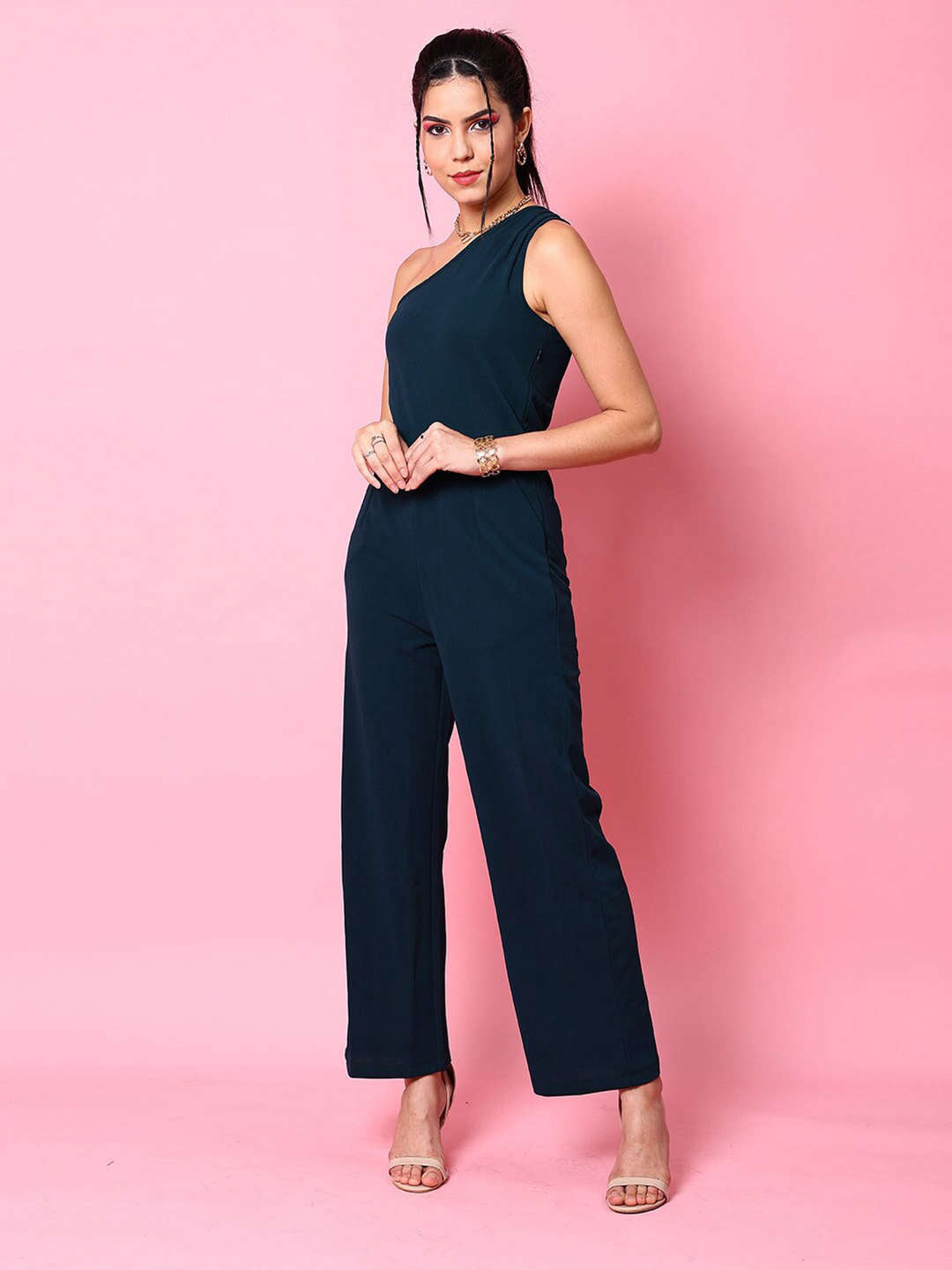 Shop Women Fitted One Shoulder Flare Jumpsuit Online.