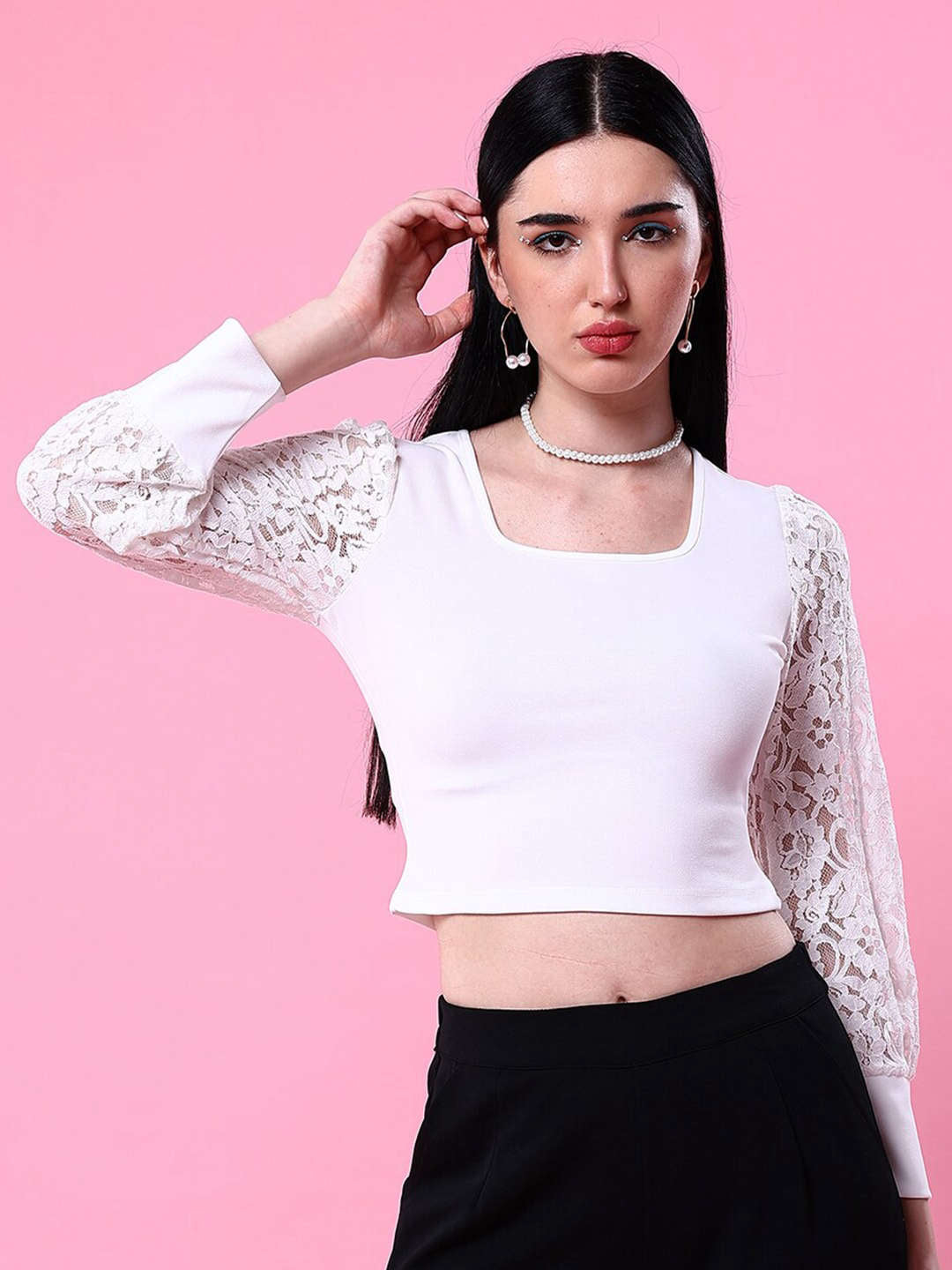 Shop Women Bishop Lace Sleeve Fitted Top Online.