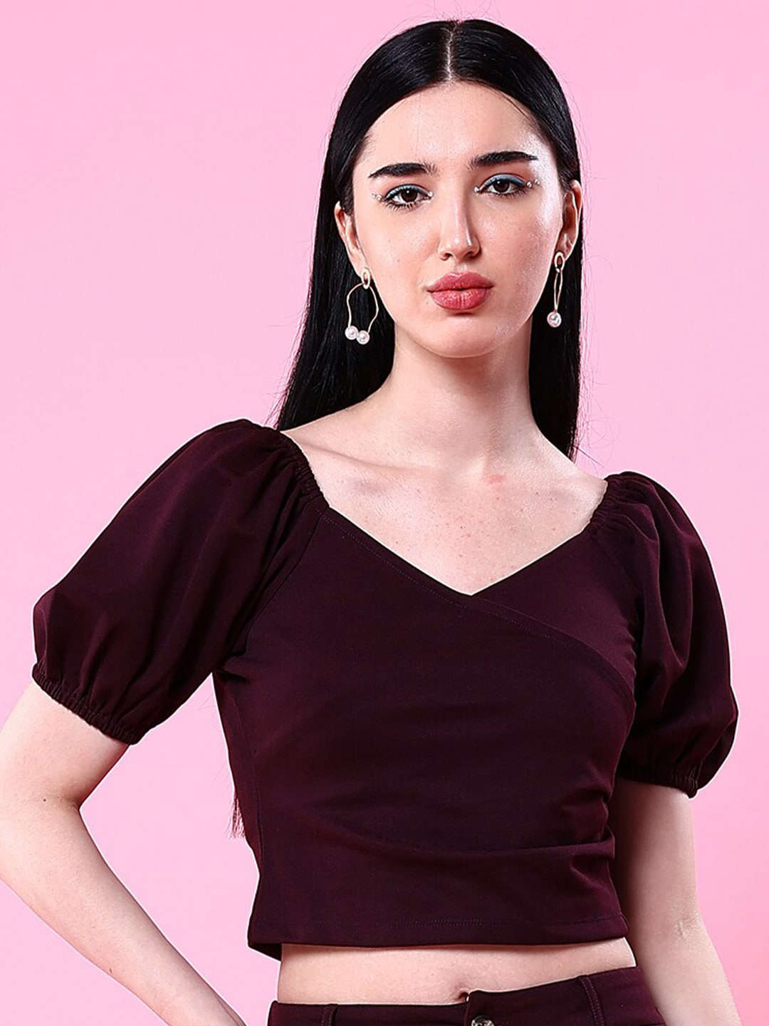 Shop Women V Neck Top With Puff Sleeves Online.