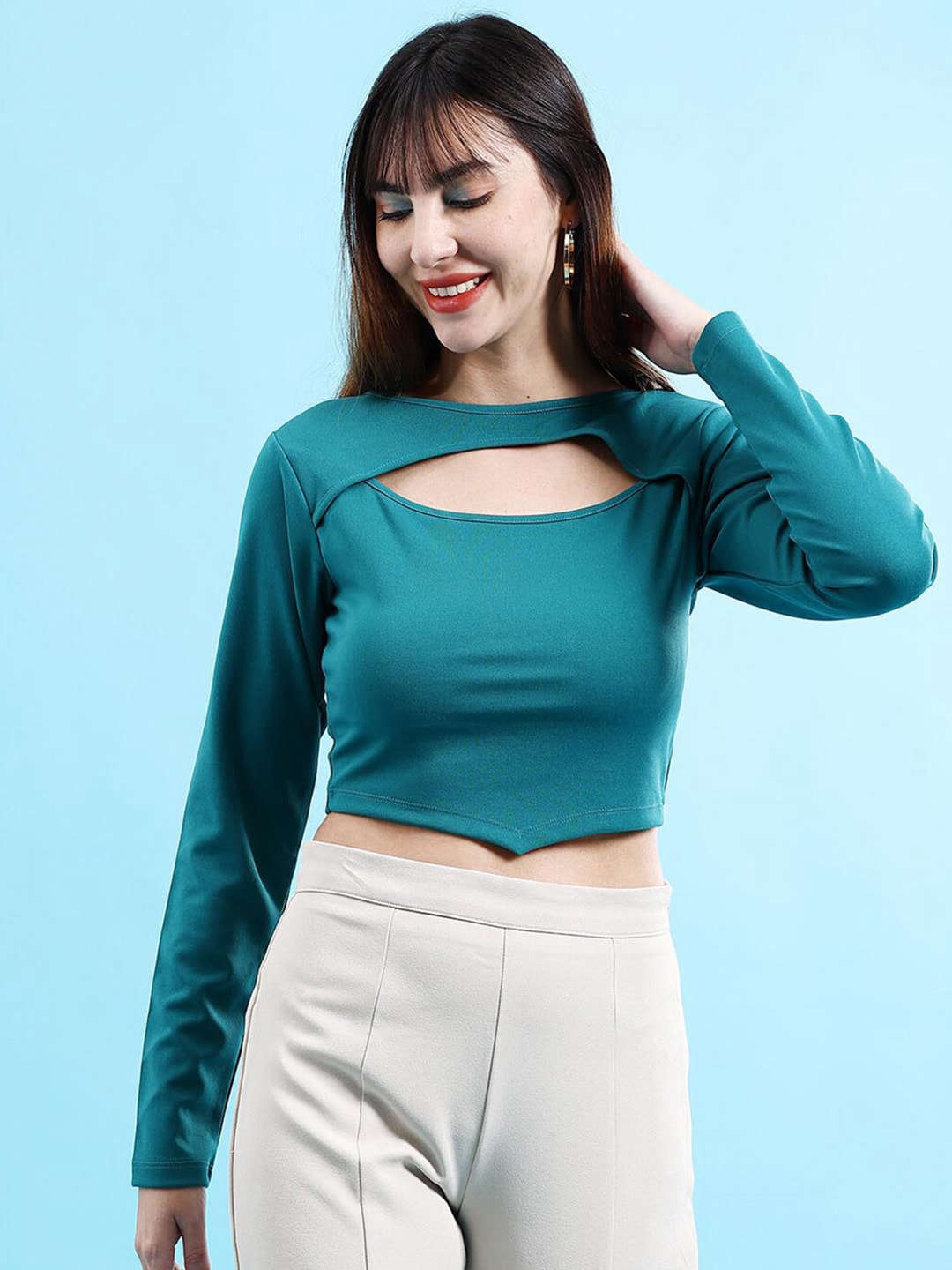 Shop Women Front Cut Out Long Sleeve Fitted Top Online.