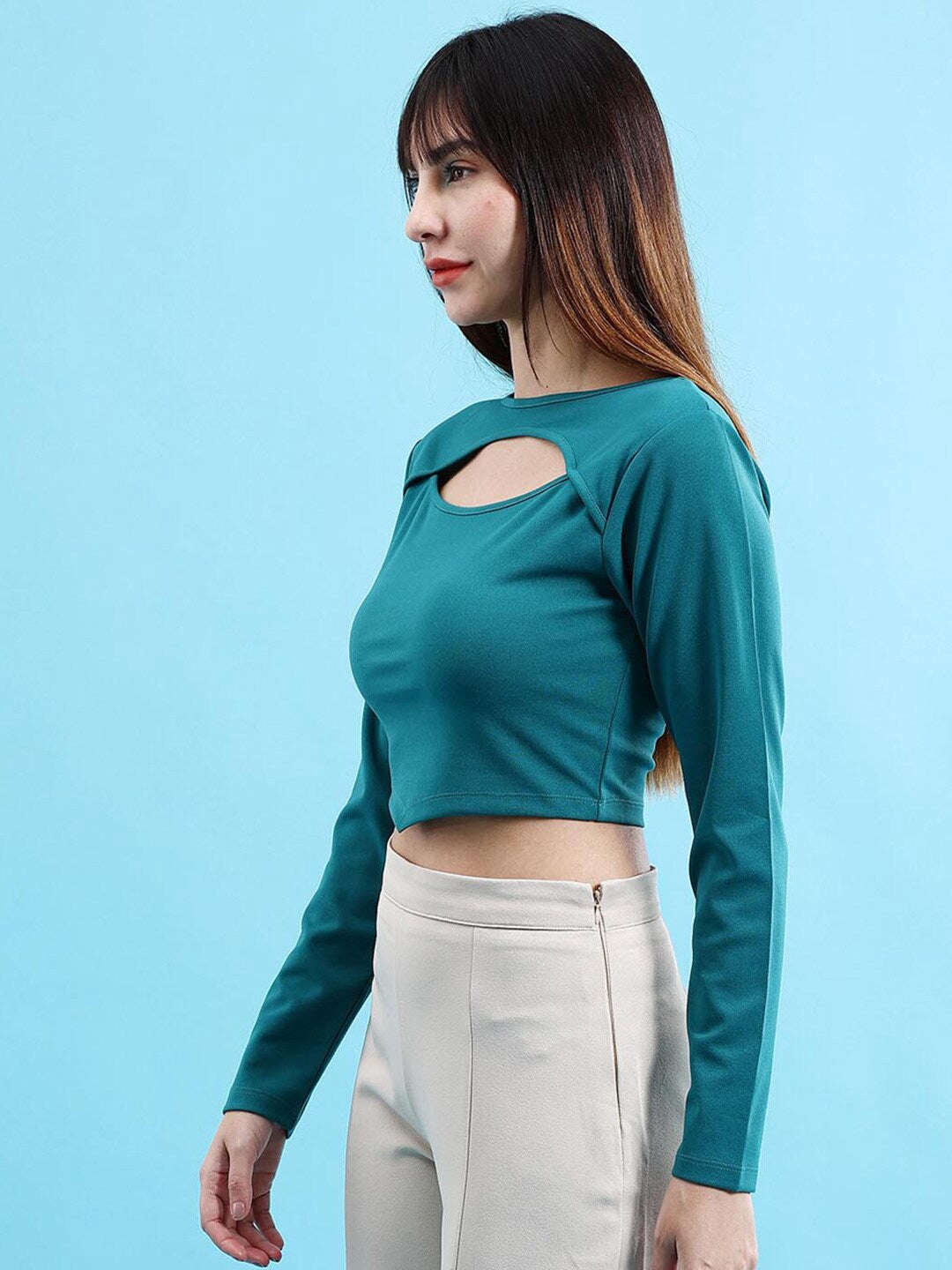 Shop Women Front Cut Out Long Sleeve Fitted Top Online.