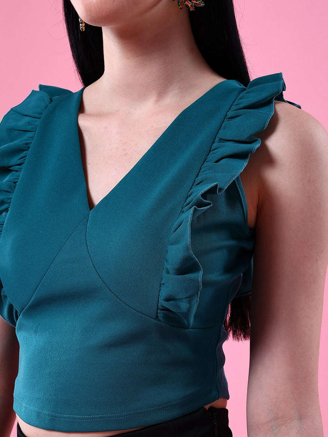 Shop Women V Neck Ruffle Crop Top Online.