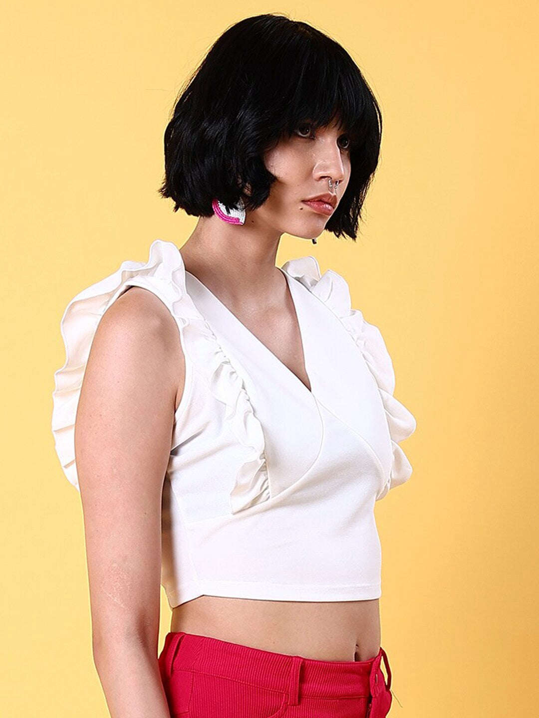 Shop Women V Neck Ruffle Crop Top Online.