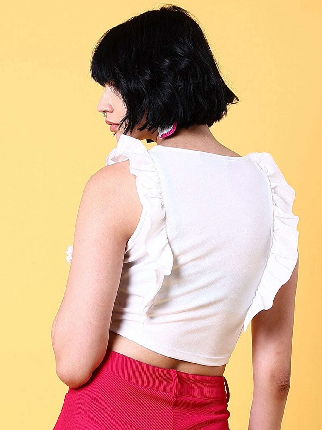 Shop Women V Neck Ruffle Crop Top Online.