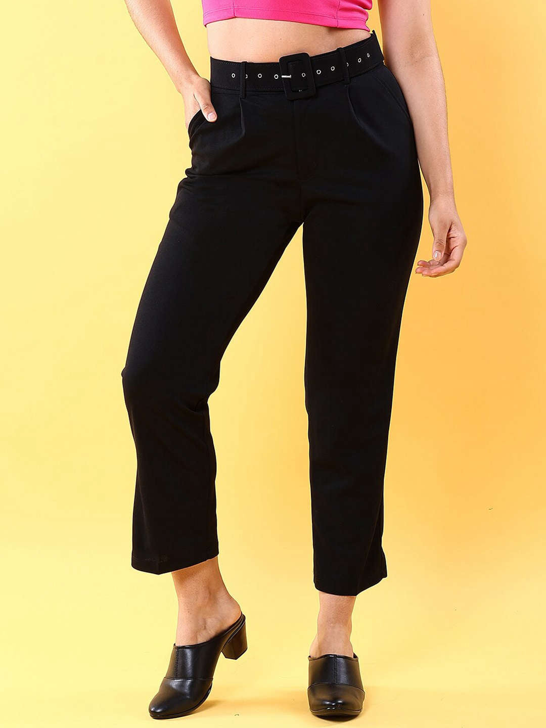 Shop Women Tapered Pleated Pant With Belt Online.