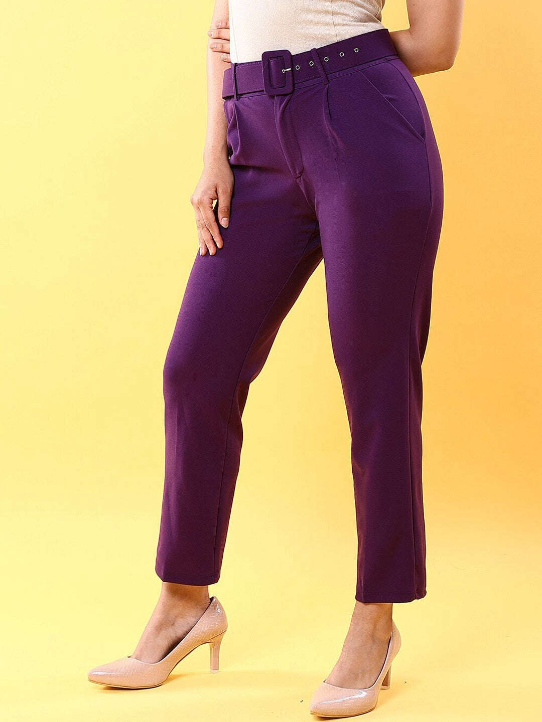 Shop Women Tapered Pleated Pant With Belt Online.