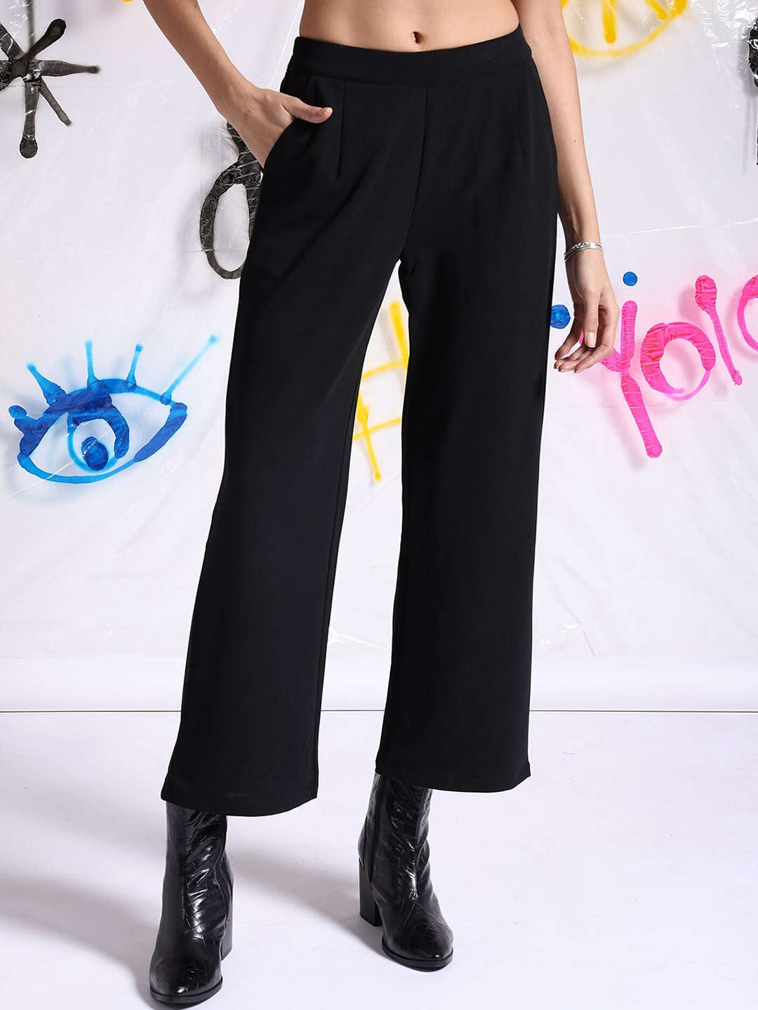 Shop Women Solid Wide Leg Trouser Online.