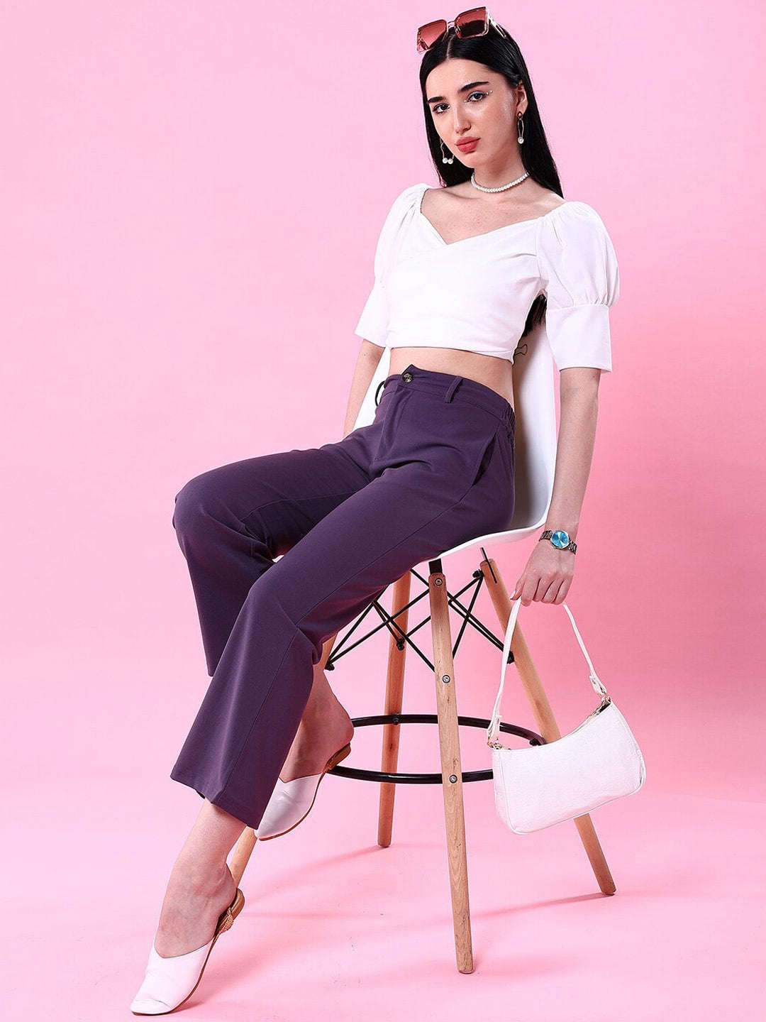 Shop Women Solid Wide Leg Trouser Online.